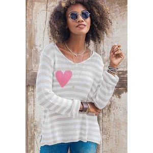 Wooden Ships womens Eloise ivory striped pink heart sweater Size S/M v-neck